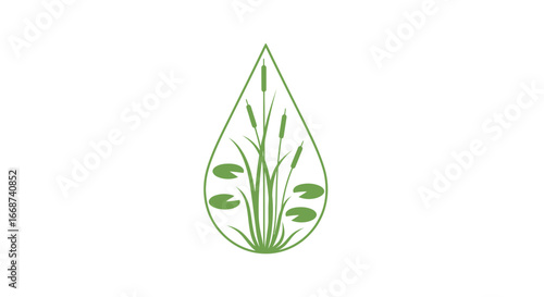 Green nature logo with wetland plants inside a water drop.