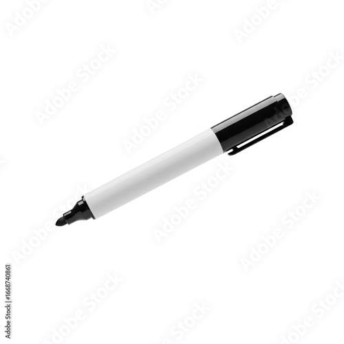 A single black marker with a white body and black cap isolated on a transparent background