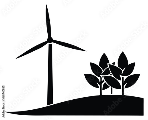 Wind turbine and trees silhouette for green energy and ecological awareness