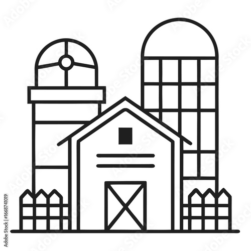 Farm barn and silos with a fence in a simple line art style