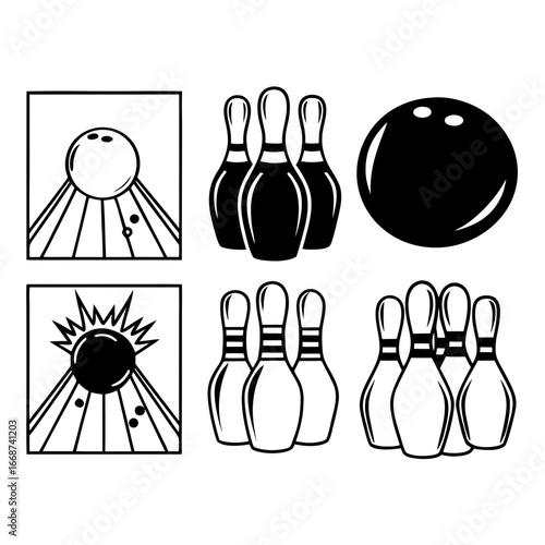 Bowling ball and pins set for sport and leisure activities in black and white style