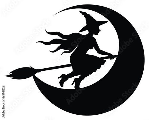 Black silhouette of a witch on a broom flying past a crescent moon
