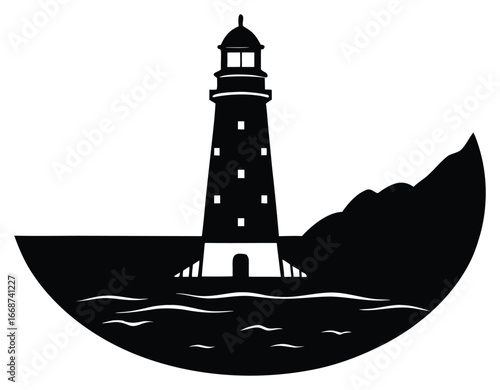 Dramatic black and white lighthouse beacon standing tall near rocky shore