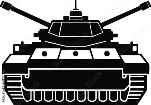 Heavy armored tank silhouette front view in flat minimal vector design for war combat