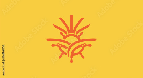 Stylized abstract symbol of sun rising over fields representing growth and harvest.