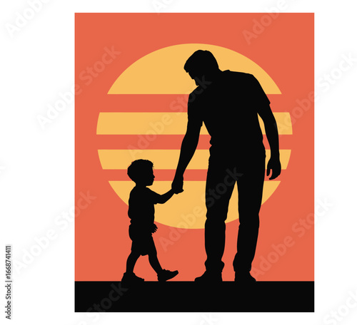 Silhouette vector of father teaching son to walk at sunset in black and white isolated illustration