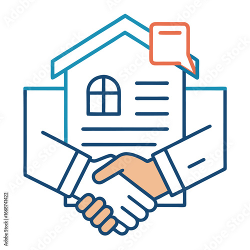 Real estate agreement handshake with house and contract icon