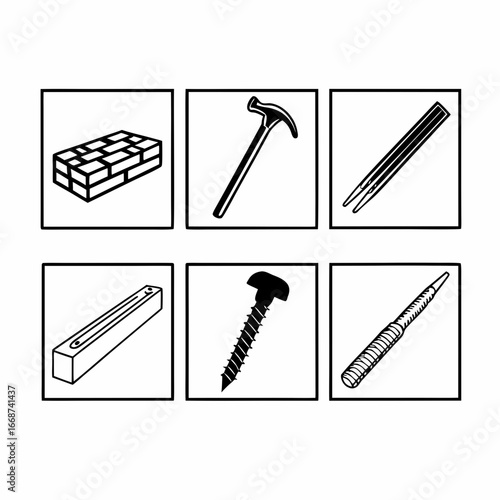 Construction tools and materials icons for building and repair projects