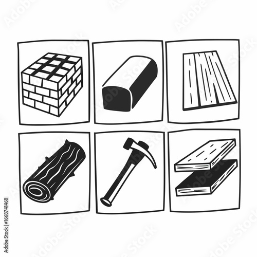 Illustration of various construction materials and tools including brick, wood, hammer