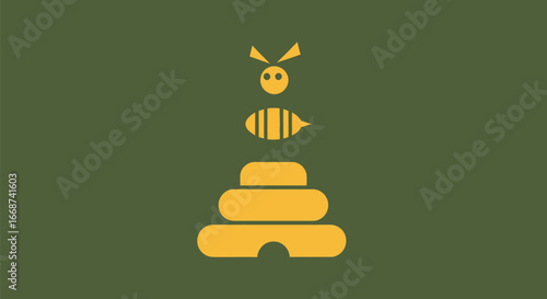 Bee on Beehive: A Stylized Geometric Illustration.
