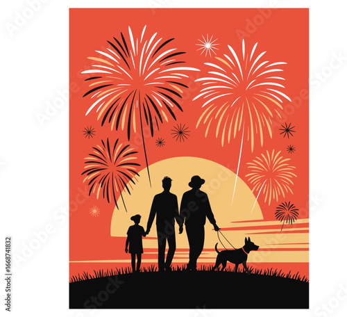 Silhouette vector of family walking with dog at sunset with fireworks in black and white isolated illustration