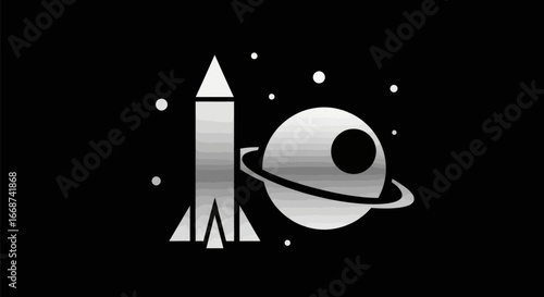 Silver Rocket and Ringed Planet in Space.