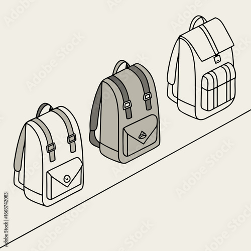Three backpacks in varying styles and positions on a light beige surface with a diagonal line across
