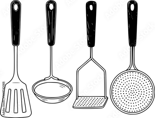 A Collection of Four Black and White Kitchen Utensils