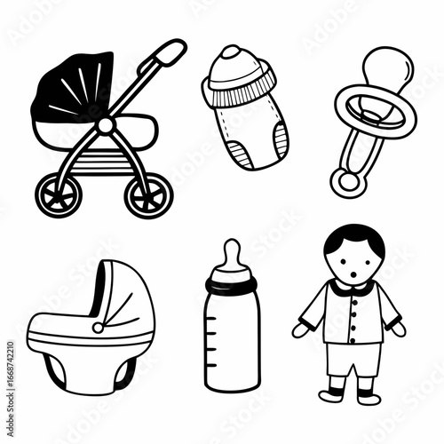 Illustration of baby items including stroller, bottle, pacifier, and carriage