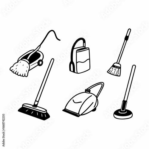 Illustration of various cleaning tools such as vacuum cleaner and broom