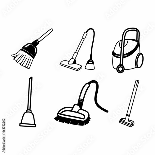 Illustration of various cleaning tools such as broom, vacuum cleaner, and mop