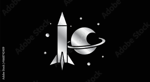 Silver Rocket and Ringed Planet in Space Exploration Graphic.