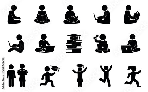 Collection of stickman student and learning silhouettes vector set showing studying, reading, laptop use, teamwork, and playful activities