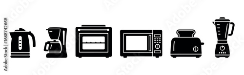 Kitchen appliance silhouettes vector set showing electric kettle, oven, microwave, toaster, and blender for cooking and home essentials