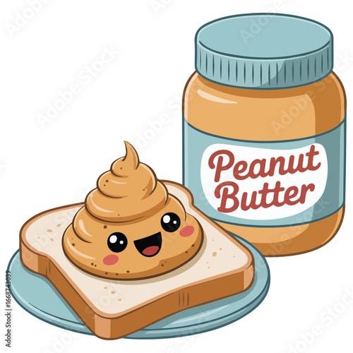 Kawaii chocolate peanut butter jar happy bread loaf isolated vector illustration on white background