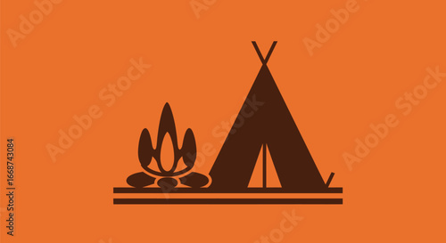 Camping adventure scene with teepee and campfire in nature.