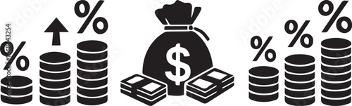 Finance and investment growth icons with coins, cash, dollar sign, and percentage symbols showing profit, interest rate increase, wealth management, banking, and business success