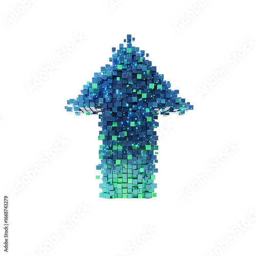 Glows upward arrow symbol abstract digital pattern with blue and green light effects on black isolated on transparent background