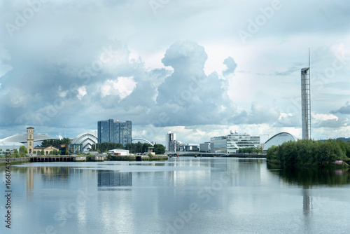 Glasgow science centre reflecting on river clyde under cloudy sky, Scotland