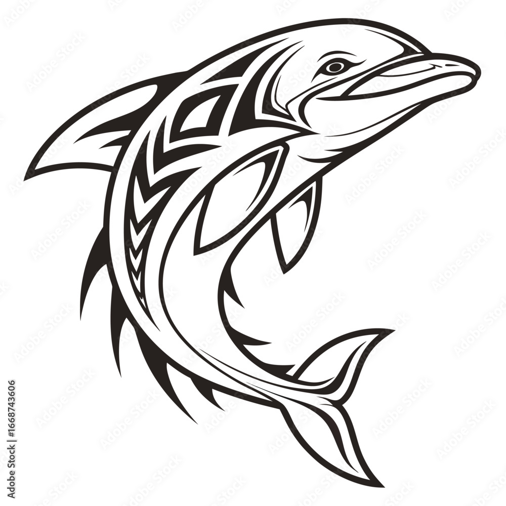 Naklejka premium Black and white tribal dolphin jumping on a white background vector