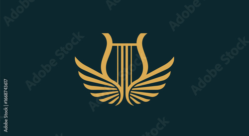 Elegant Golden Harp with Wings on Dark Green Background.