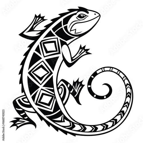 Black and white tribal lizard illustration with coiled tail on white background reptile animal