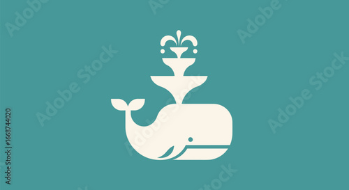 Minimalist flat design logo of a cute white whale spouting water.