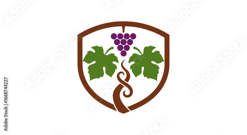Grape vine emblem with leaves and fruit inside a shield.