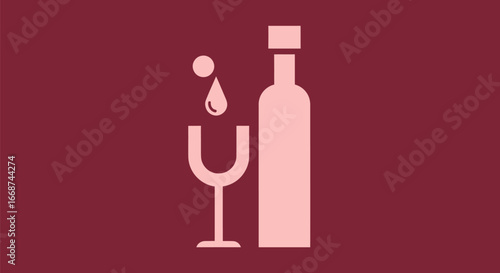 Minimalist wine bottle and glass with falling liquid drop.
