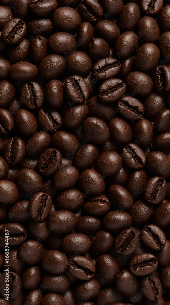 Fototapeta premium Roasted Coffee Beans Close-Up: An exquisite close-up showcases a captivating tapestry of rich, dark roasted coffee beans, their intricate textures and enticing aroma hinting at the perfect brew.