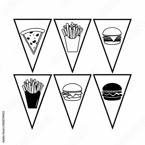 Illustration of fast food pennant banner with pizza, french fries, and burger