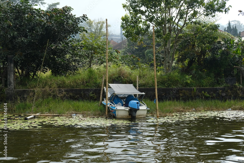 Fototapeta premium Old Motorboat by the Shore Among Tall Grass and Water Lilies
