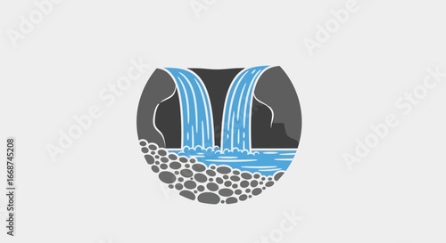 Stylized Waterfall Illustration with Rocky Surroundings and Blue Water.