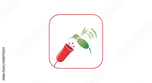 Green Hummingbird Feeding Nectar from a Red Flower Illustration.
