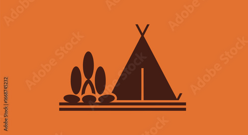 Camping adventure illustration with teepee and campfire for outdoor activities.