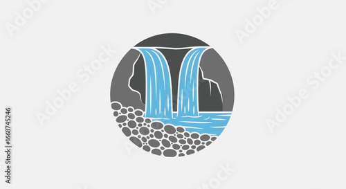 Stylized Waterfall Illustration with Cascading Water and Rocks.