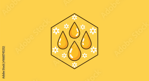 Honey drops inside hexagon with floral decorations sweet and natural.
