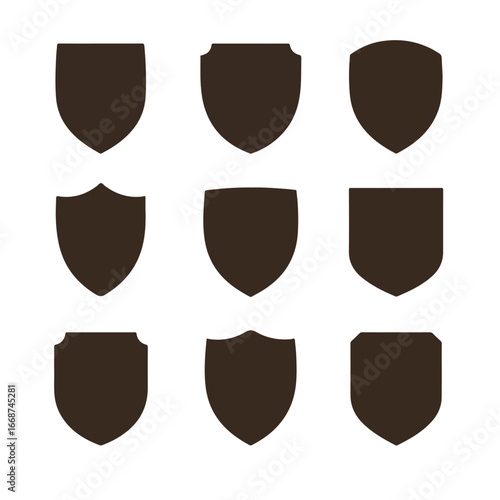 Set of brown shield icons collection in flat vector style isolated on white background
