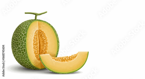 Fresh Cantaloupe Melon Half and Slice Isolated on White Background - Delicious Ripe Fruit Illustration
