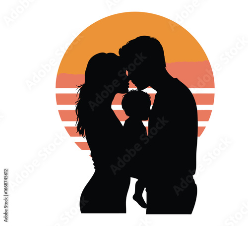 Silhouette vector of romantic parents kissing while holding child at sunset in black and white isolated illustration