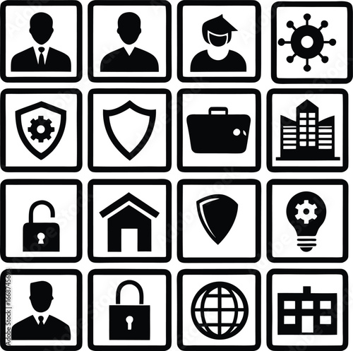 Collection of professional business and security icons representing people safety finance and technology for digital platforms