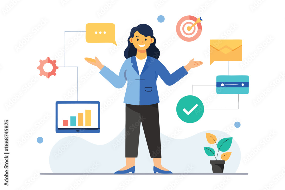 Businesswoman presenting data analytics and marketing strategy in a flat design illustration Businesswoman presenting data analytics and marketing strategy in a flat design illustration