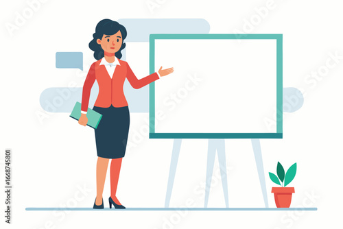 Businesswoman giving presentation with whiteboard holding a file and wearing professional attire
