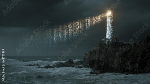 Lighthouse Guiding Data Stream on Rocky Coastline at Night